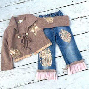 Little Mass Ruffle Jeans and Cardigan Set Cozy Lace Embellished